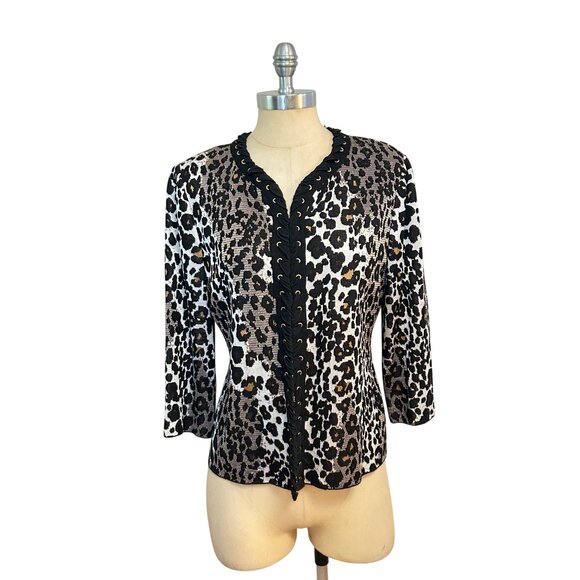 St John Boutique Imperial Leopard Wool Knit Cardigan Jacket Black size 8 - Picture 1 of 6